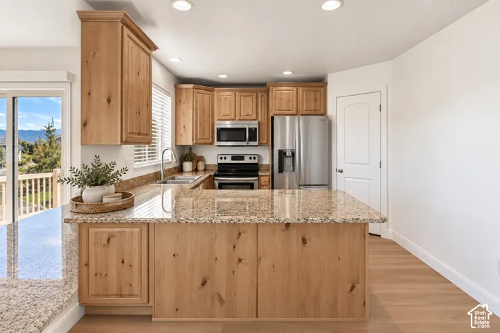 Kitchen featuring wood cabinetry, granite countertops, stainless steel appliances, and wood-finish flooring