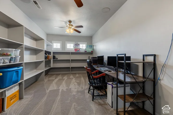 Built-in shelving, carpeted flooring, three distinct windows, and ceiling fan