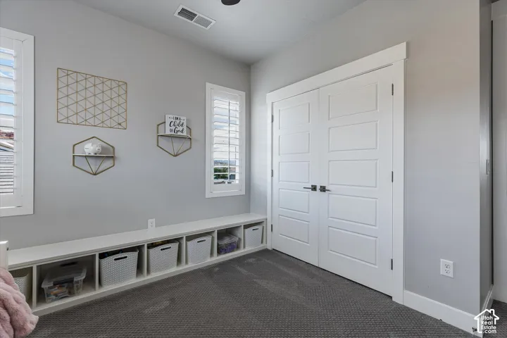 Built-in storage bench with cubbies, white plantation shutters, two windows, two-panel interior doors, and textured carpeting