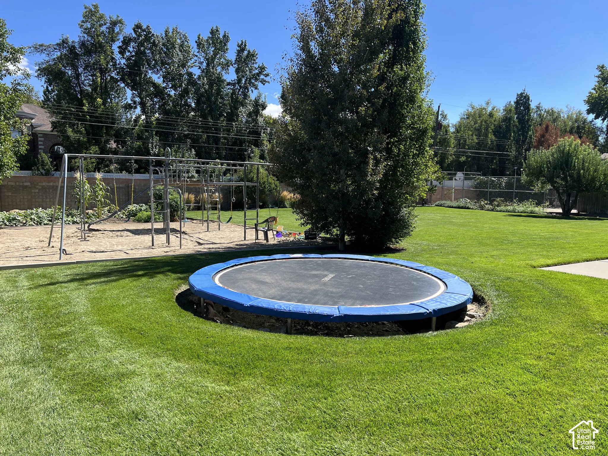 Expansive lawn with mature trees and a dedicated play area featuring a swing set