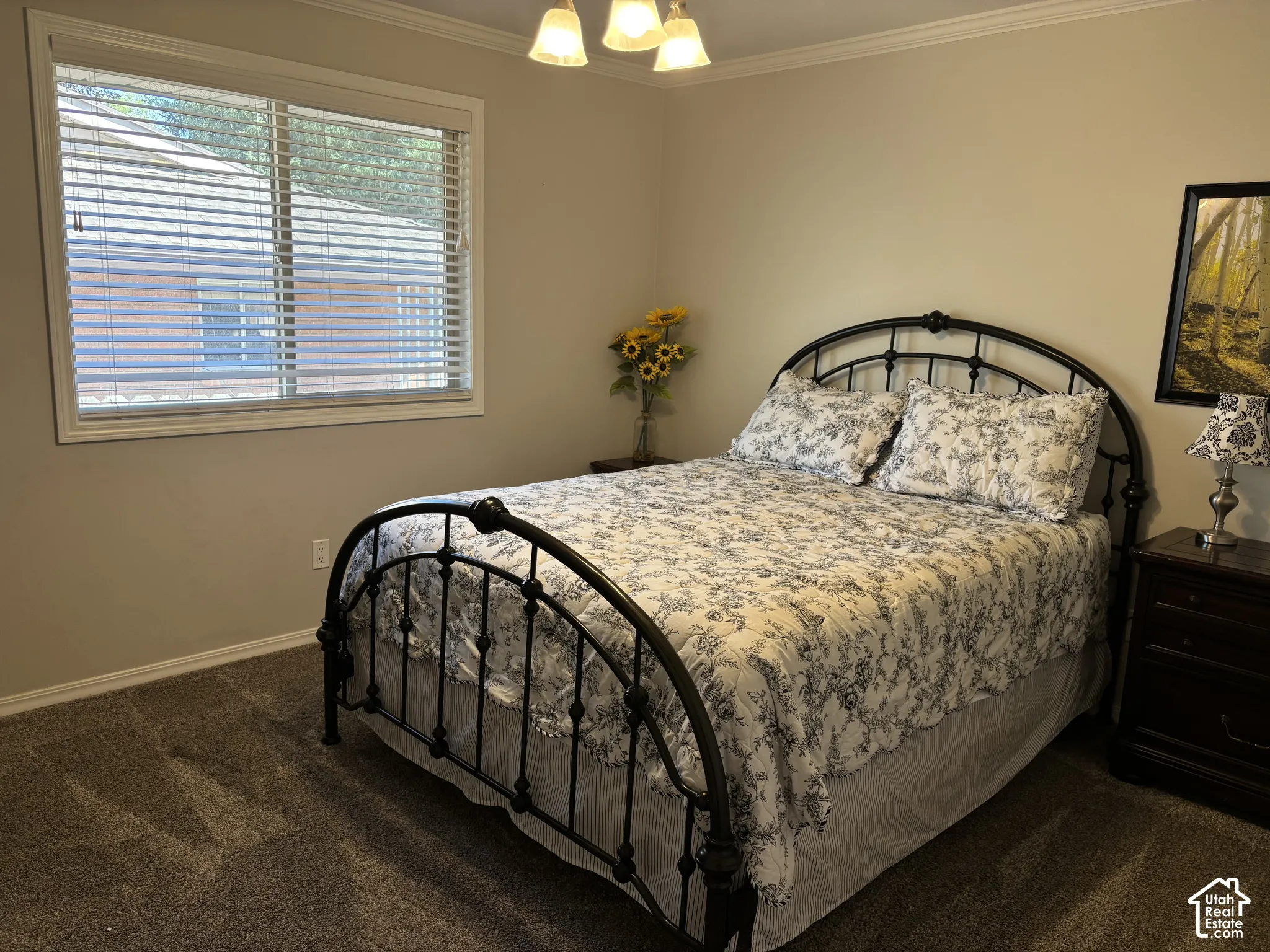 Wall-to-wall carpeting, crown molding, and a window with blinds