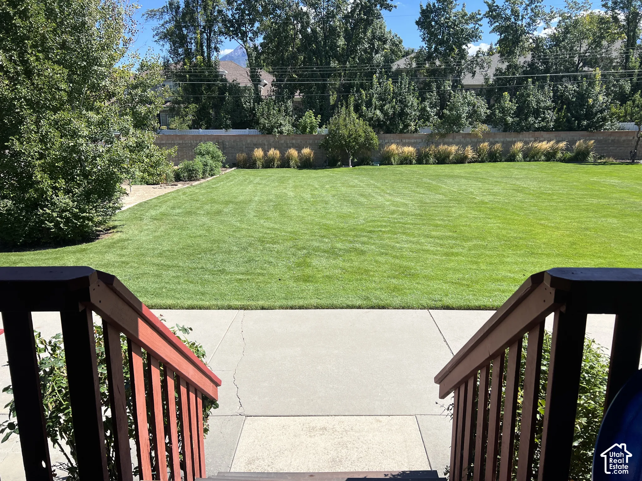 Expansive lawn area with mature trees, shrubbery, and a retaining wall