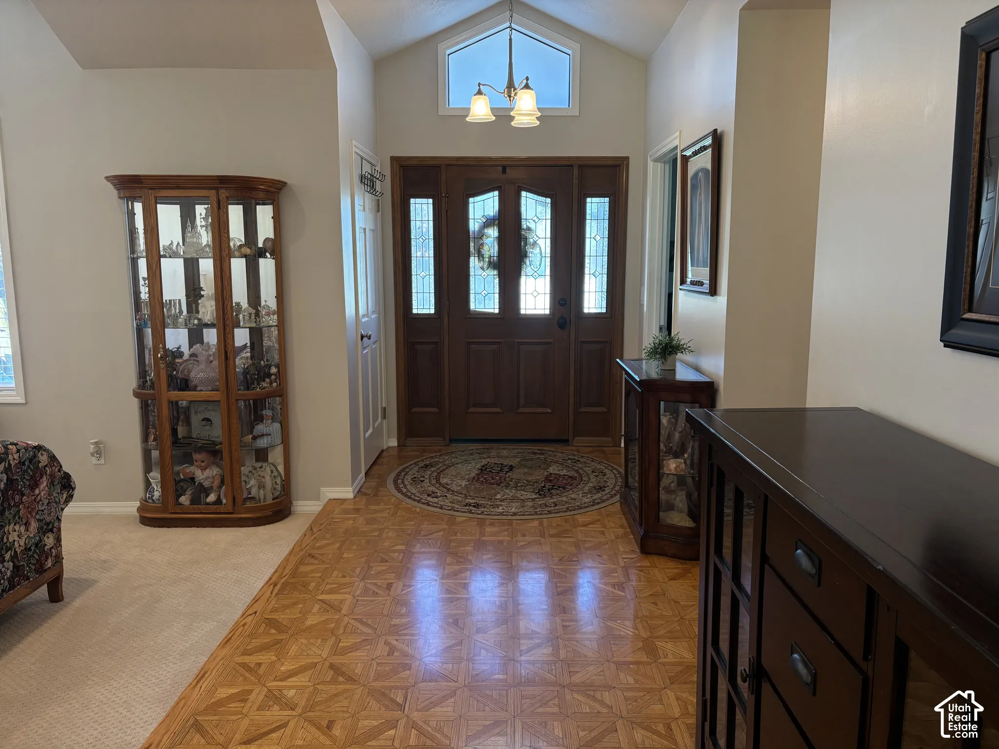Double entry doors with decorative glass panels