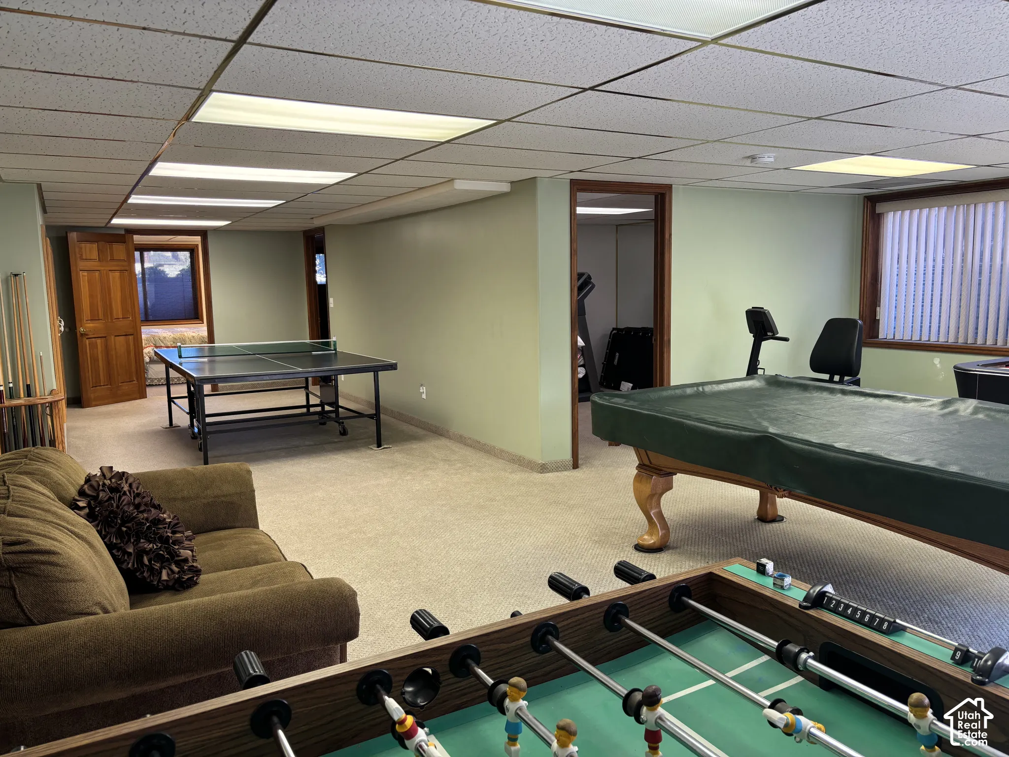 Carpeted recreation room featuring dropped ceiling with integrated lighting, wood-trim windows with blinds, and painted walls