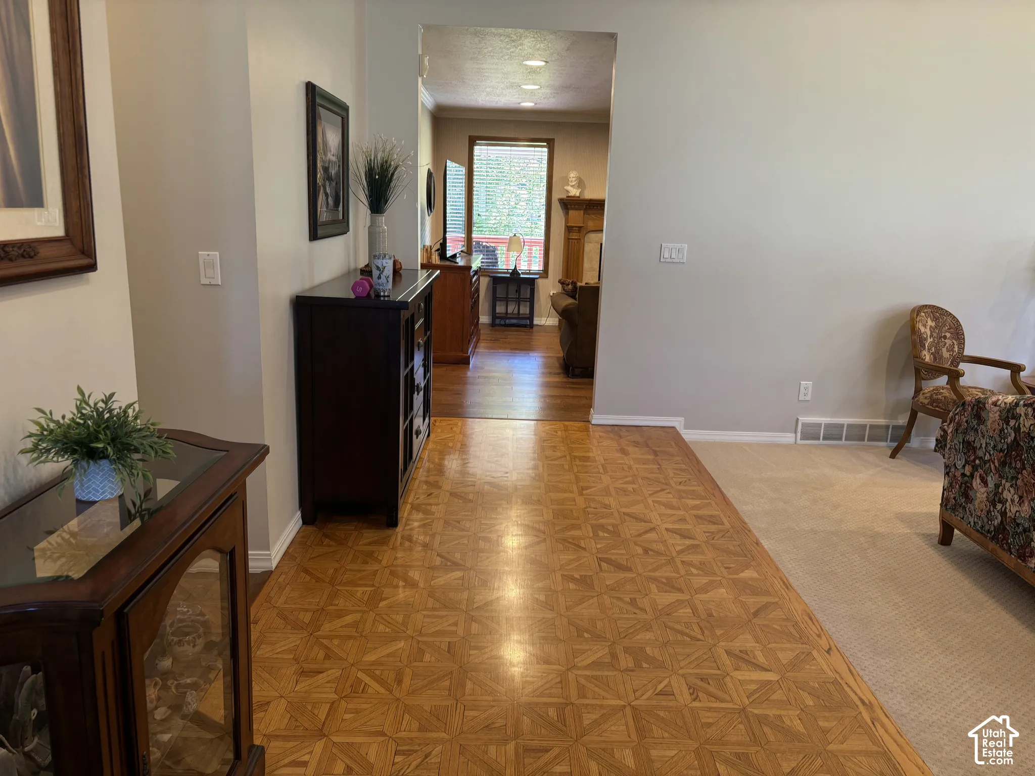 Patterned wood-finish flooring with a satin finish