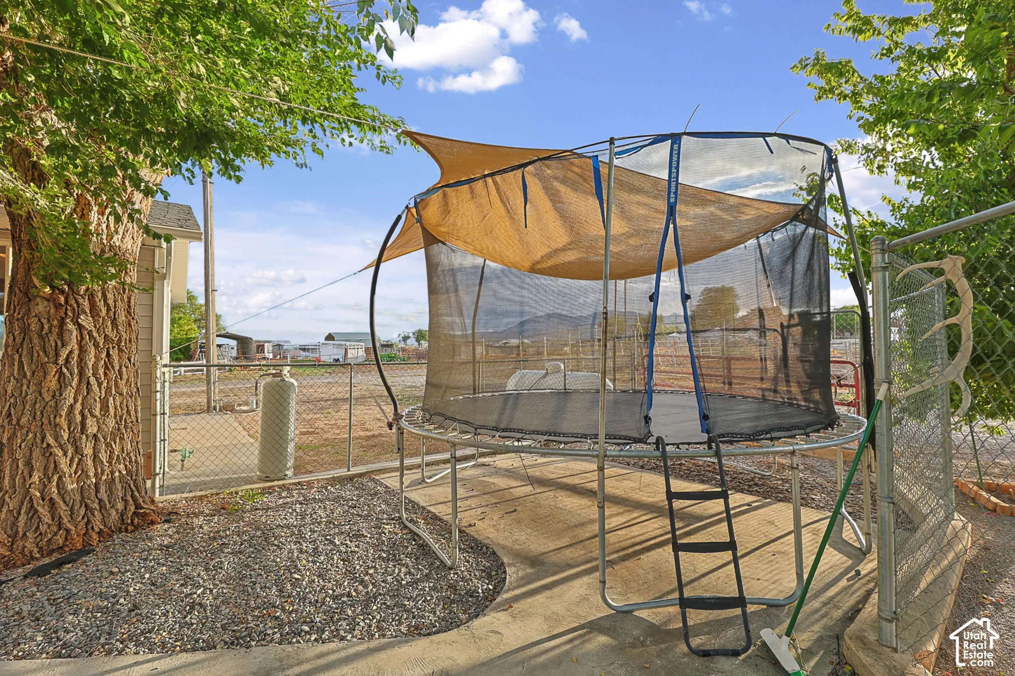 Expansive outdoor area featuring mature trees, a chain-link fence, and a concrete patio