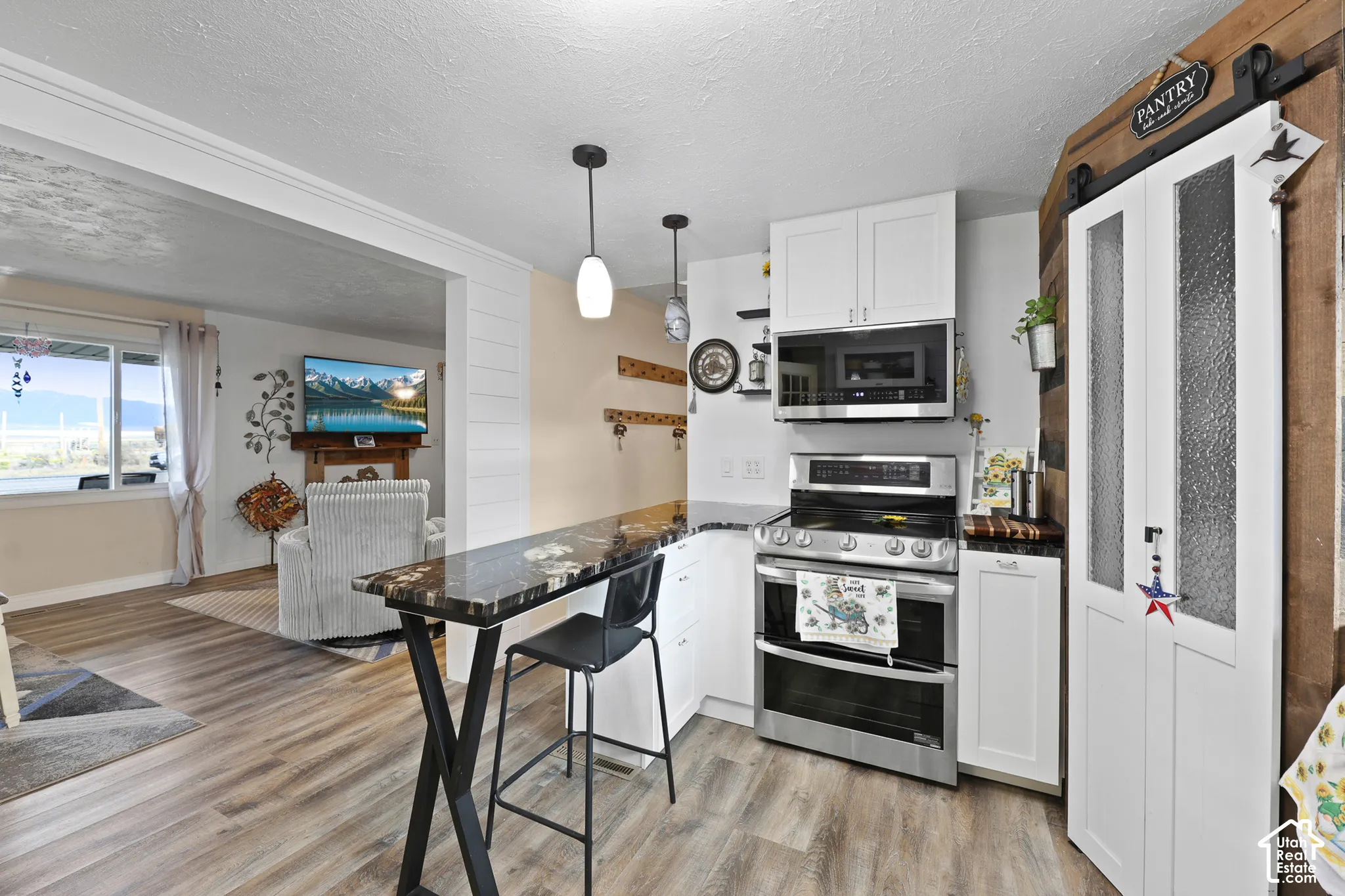Kitchen featuring white cabinetry, stainless steel appliances, dark countertops, and wood-finish flooring