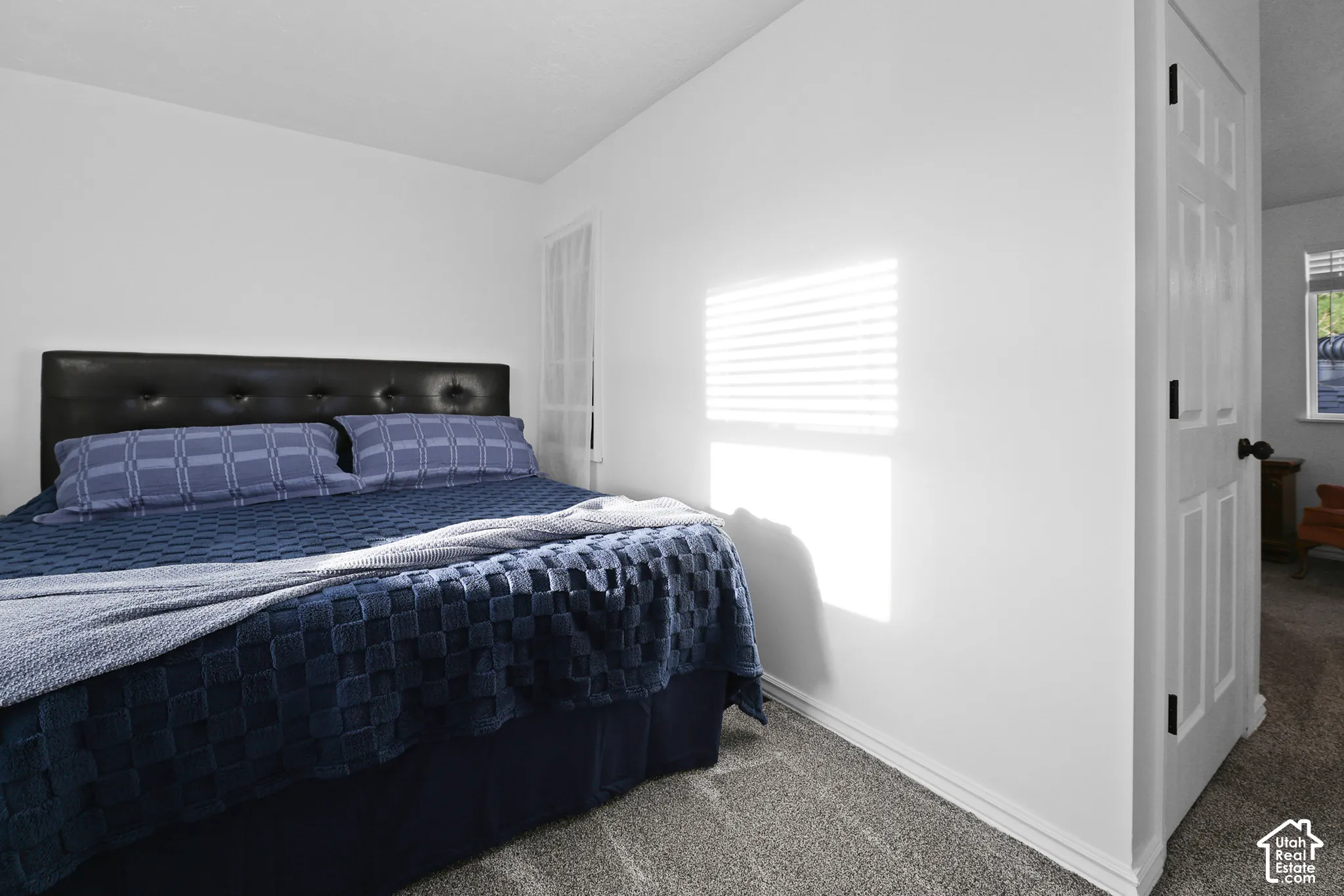 Carpeted flooring, white walls, louvered window blinds, and paneled interior doors