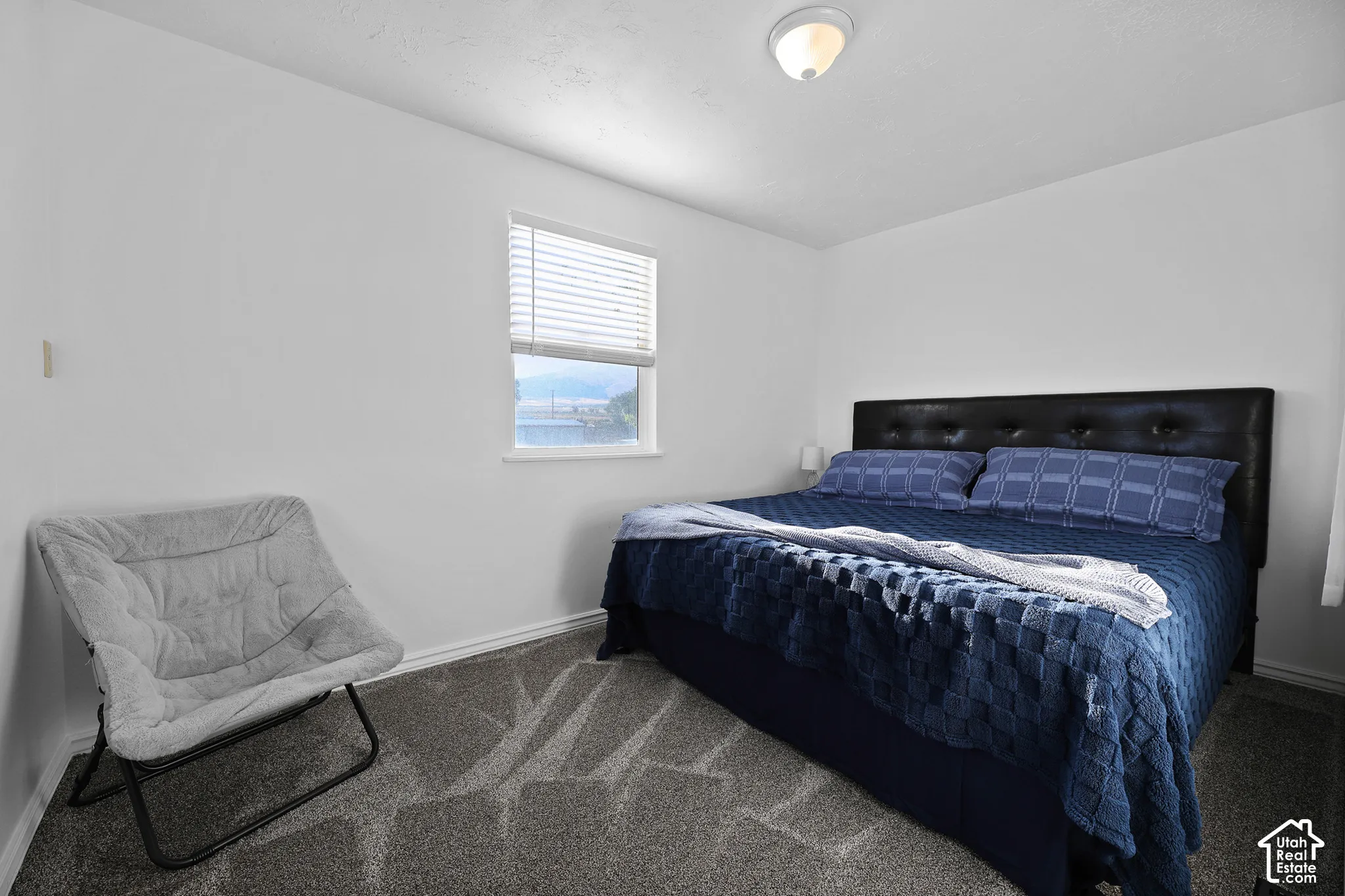 Carpeted flooring, white walls, and a window with blinds