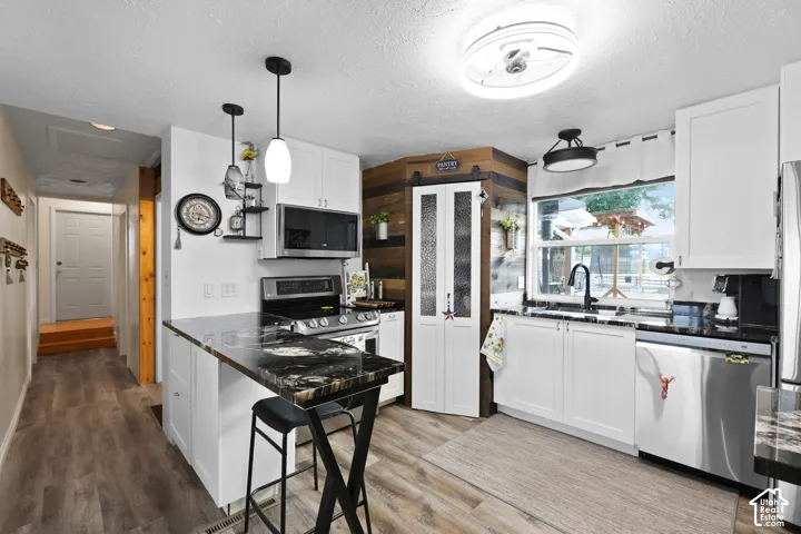 White cabinetry with black countertops, stainless steel appliances, and a wood-paneled accent wall