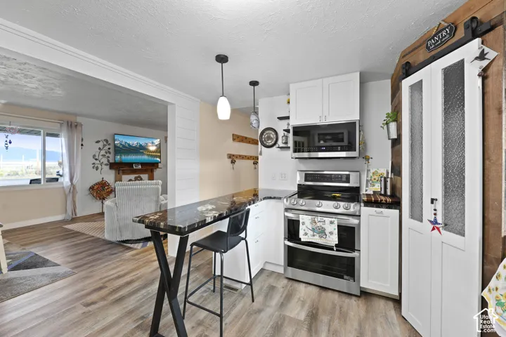 Kitchen featuring white cabinetry, stainless steel appliances, dark countertops, and wood-finish flooring