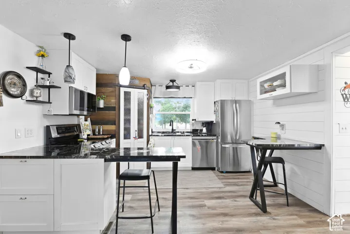 White cabinetry, stainless steel appliances, dark countertops, wood-finish flooring, and shiplap accents