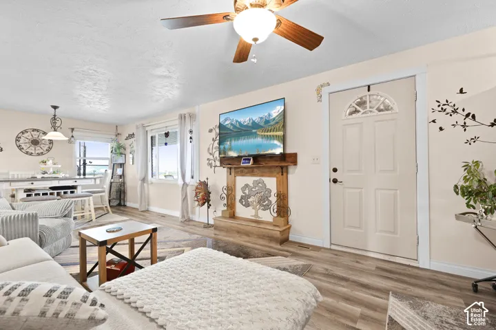 Wood-finish flooring throughout, ceiling fan with integrated lighting, wood-finish mantel, and white paneled entry door with an arched window insert