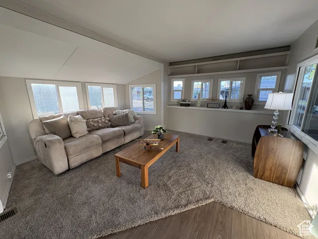 Vaulted ceiling with paneling, multiple transom windows, built-in shelving, wood-finish flooring, and wall-to-wall carpeting