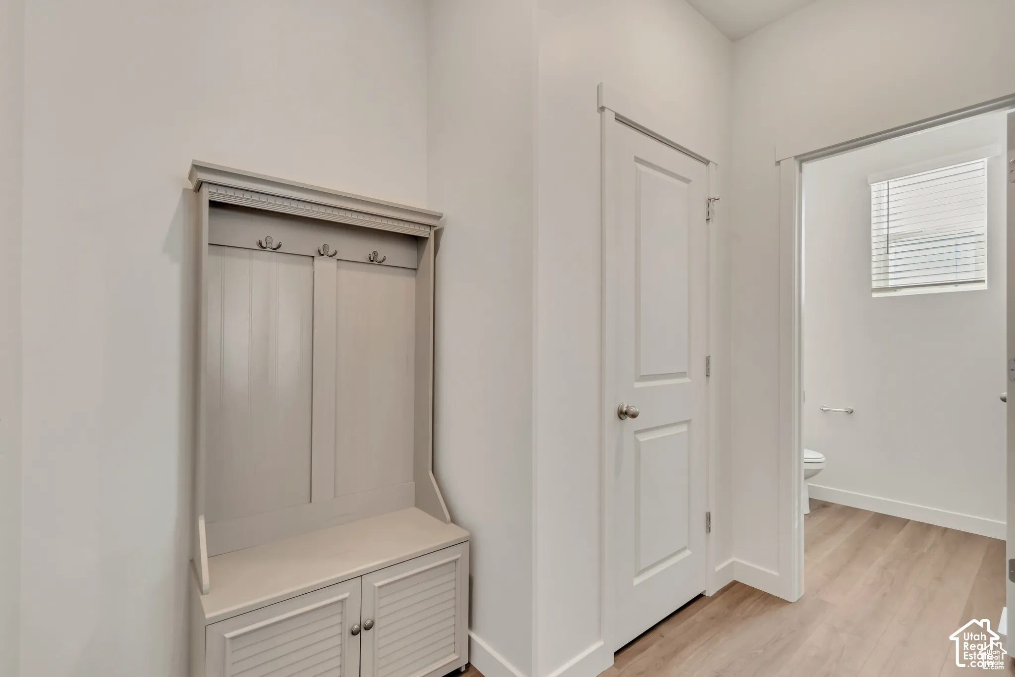 Entryway featuring a built-in hall tree with storage, light wood-finish flooring, and a white paneled door