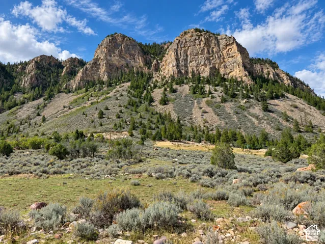 Mountainous terrain with natural rock formations and abundant evergreen trees