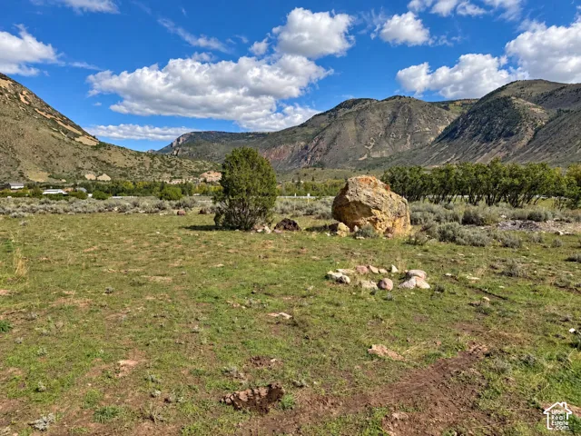 Expansive grassy terrain with a prominent boulder, surrounding natural shrubbery, and distant mountain scenery