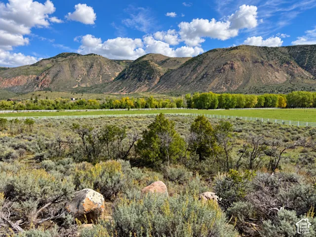 Expansive natural landscape with varied foliage, distant mountain range, and a visible portion of a white perimeter fence