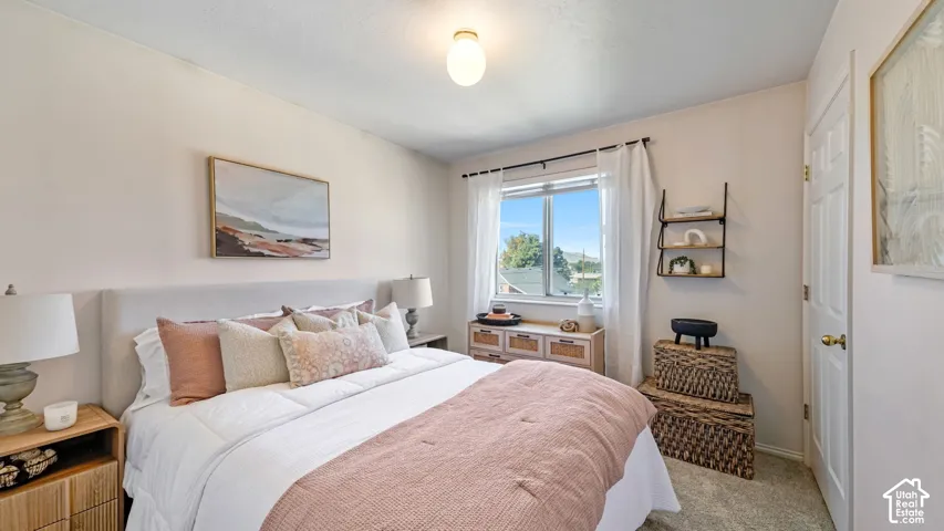 Plush carpet flooring, a large window with white curtains, a built-in wall shelf, and a light-toned ceiling