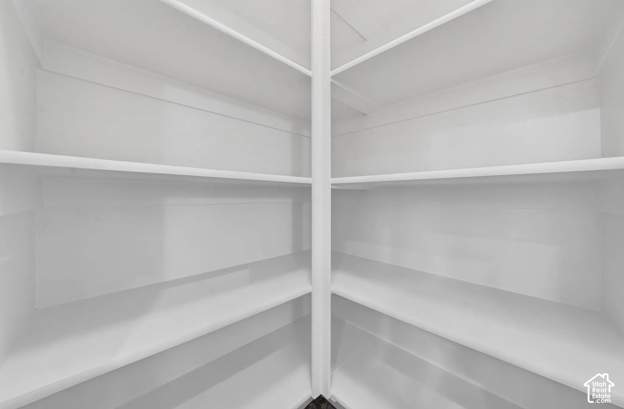 Built-in white shelving system with a central vertical support and multiple horizontal shelves