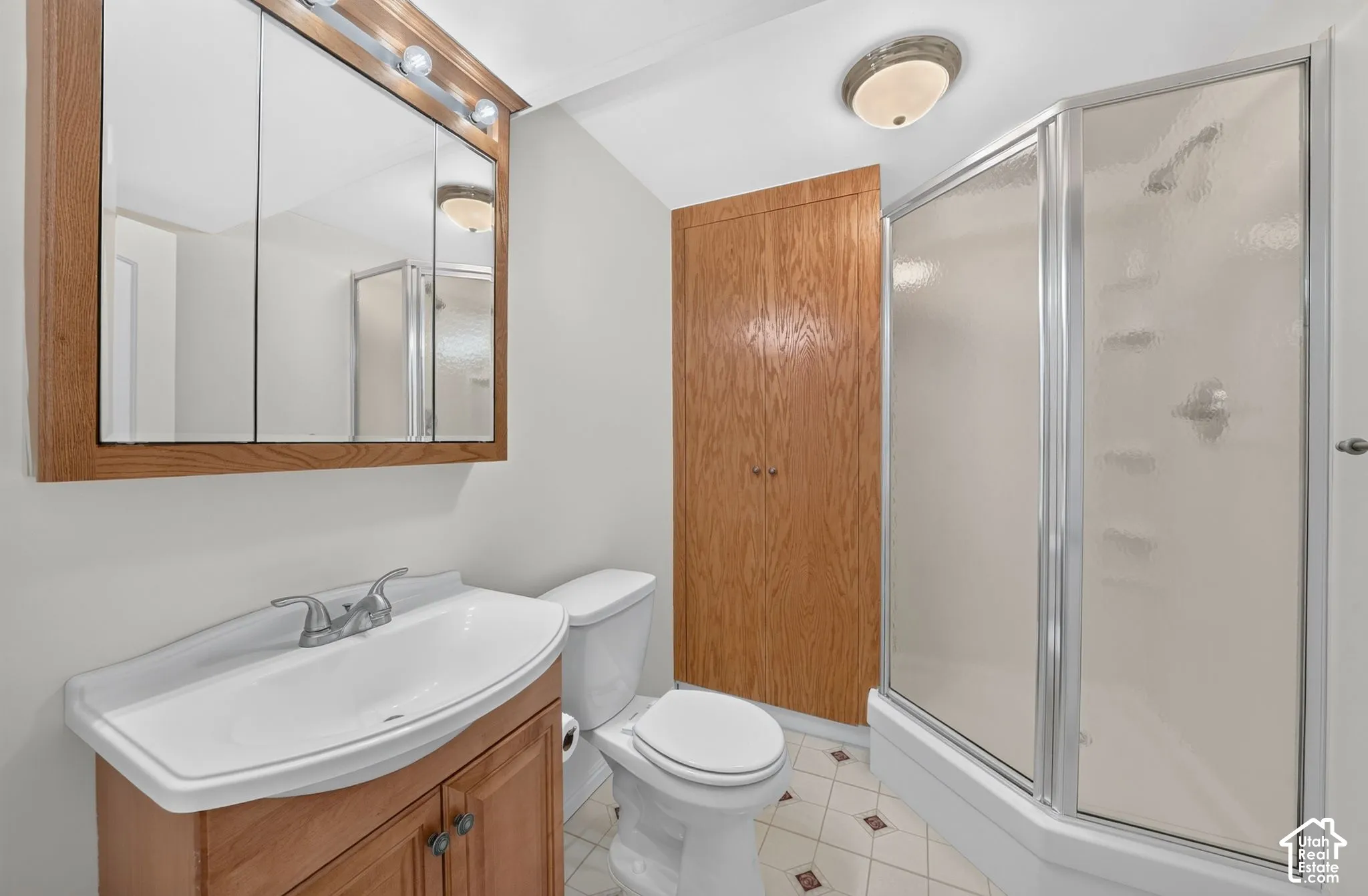 Built-in wood-finish cabinet, glass shower enclosure, wood-finish vanity, and overhead lighting