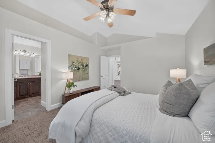 Carpeted room with a ceiling fan, recessed lighting, and white trim throughout