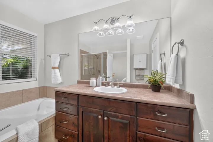 Built-in vanity with a single basin sink, dark wood cabinetry, and a large wall-mounted mirror