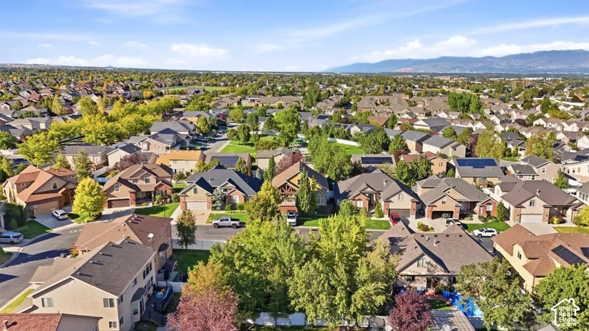 Expansive residential neighborhood featuring diverse architectural styles, mature trees, and mountainous terrain in the distance