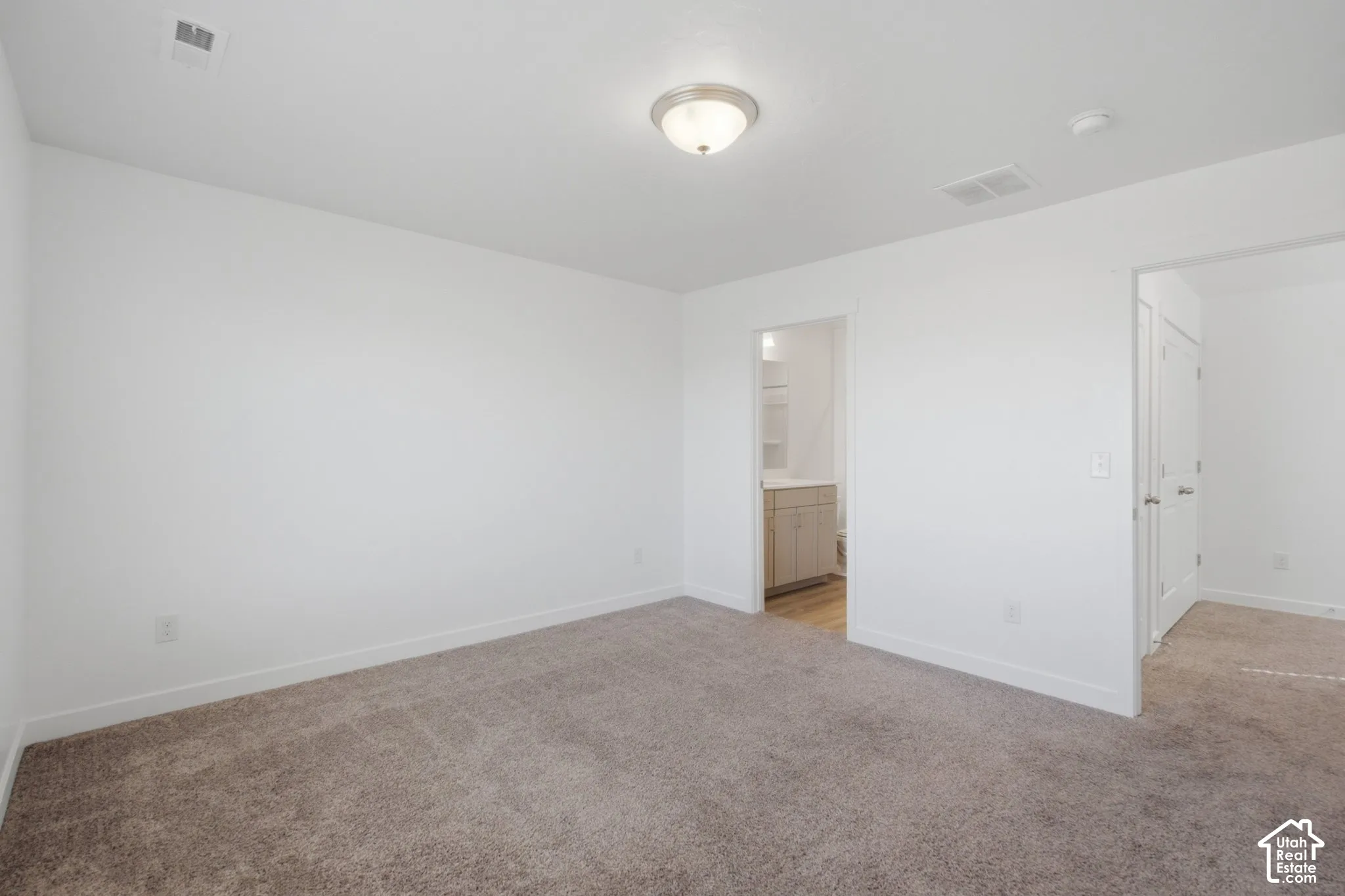 Wall-to-wall carpeting in a neutral tone and a flush-mounted ceiling light fixture