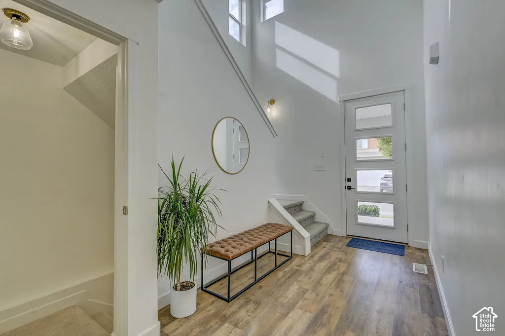 Entryway featuring wood-finish flooring, a modern front door with frosted glass panels, and a staircase with carpeted treads