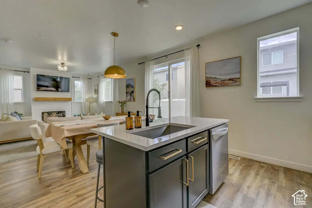 Contemporary kitchen island with a built-in sink and stainless steel dishwasher
