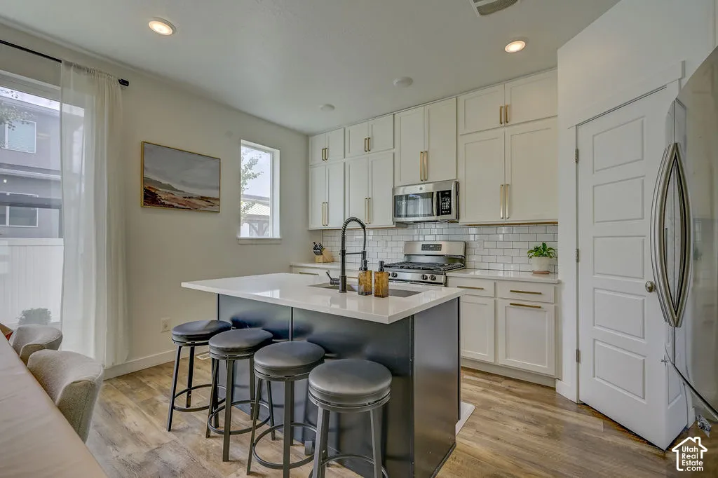 Kitchen featuring wood-finish flooring, recessed lighting, white cabinetry, subway tile backsplash, and stainless steel appliances