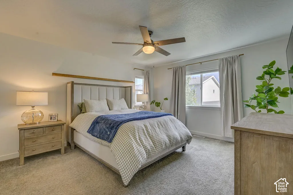Carpet flooring, ceiling fan with light fixture, window with drapes, and a paneled accent wall