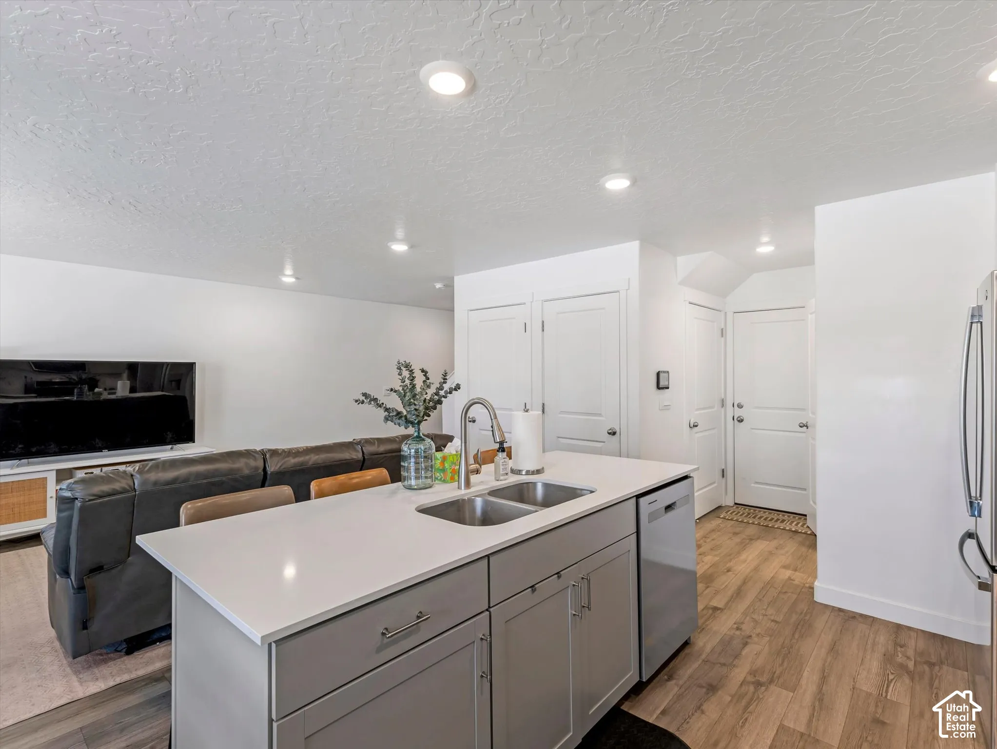 Kitchen island with dual stainless steel sink and integrated dishwasher