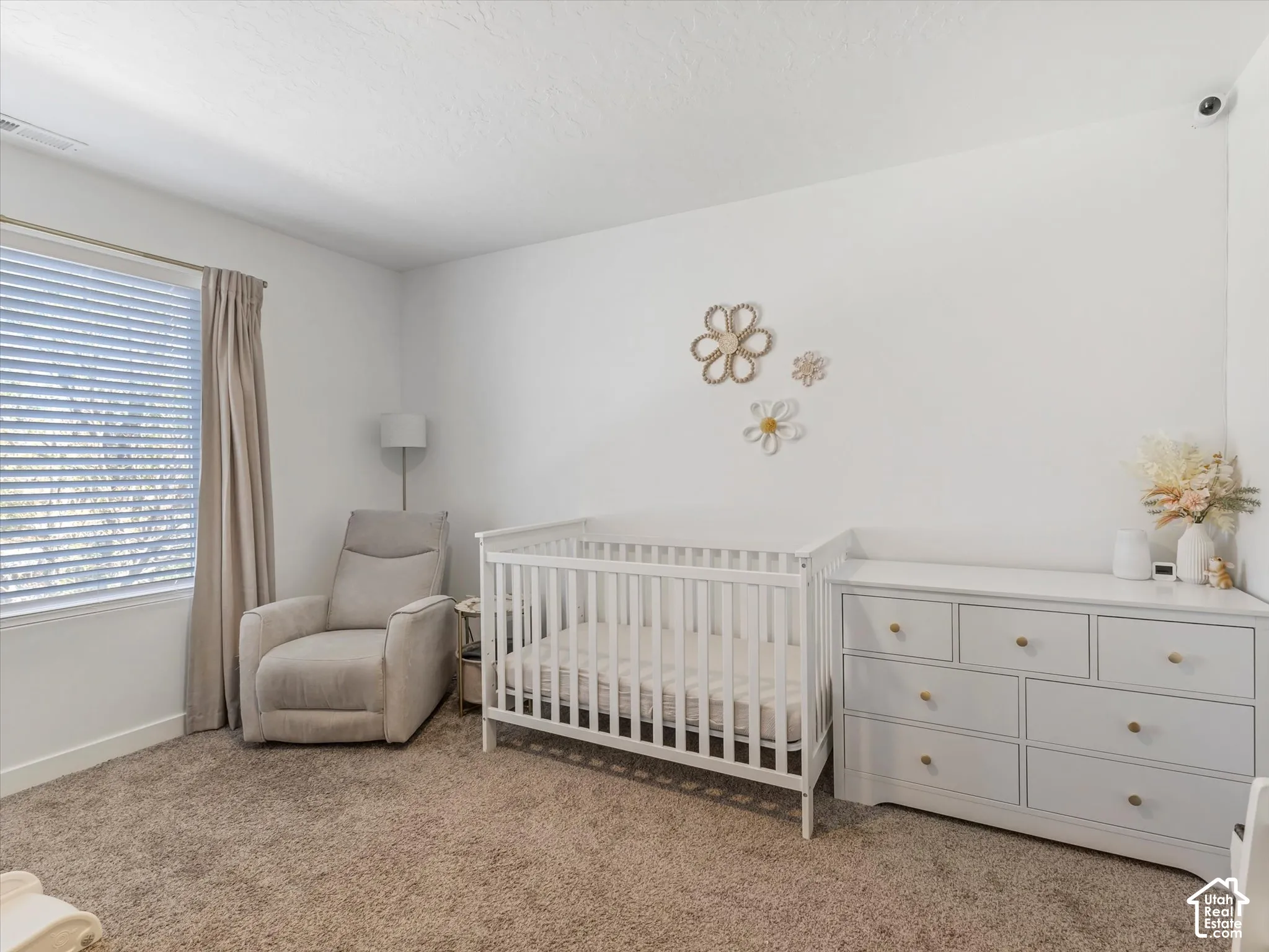 Recessed window with blinds and drapery