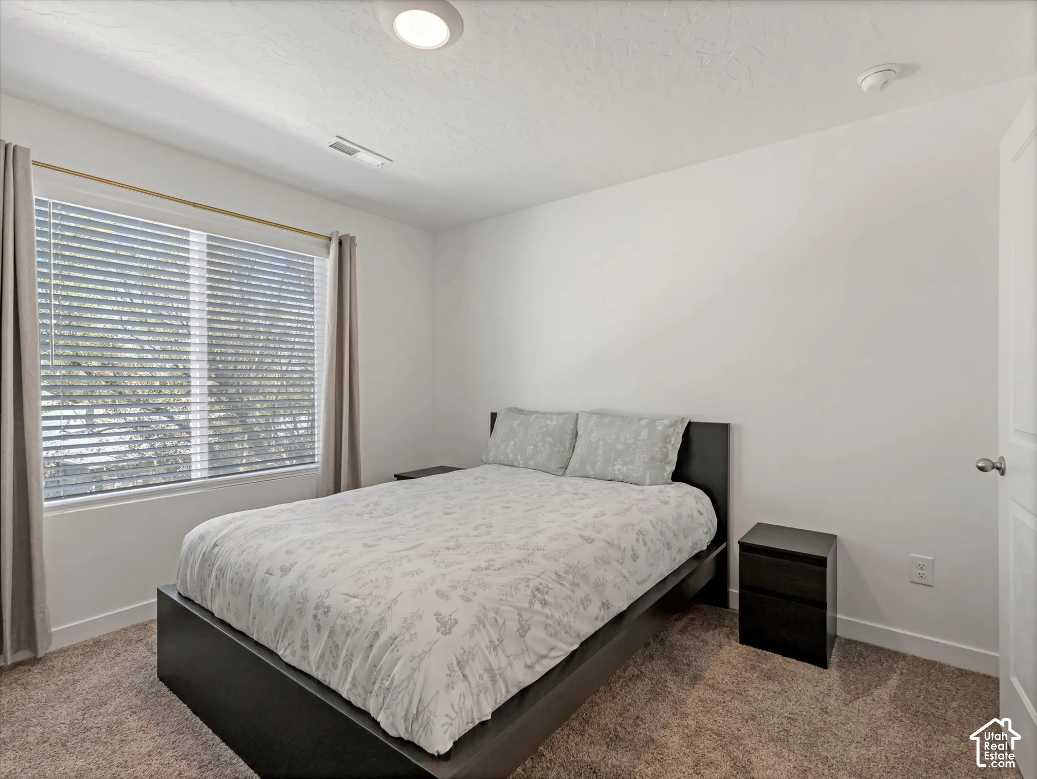 Neutral-toned carpeting paired with white walls, a single window with blinds, and an overhead flush-mount light fixture