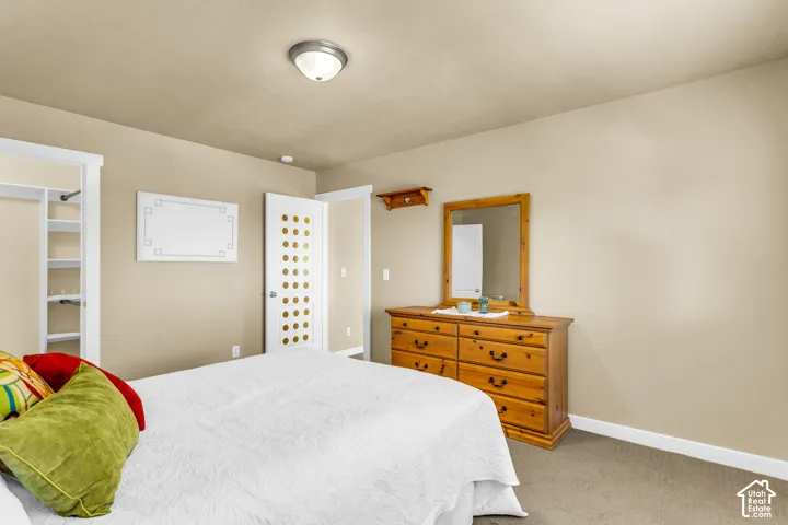 Built-in closet shelving, neutral wall paint, flush mount ceiling light, and white trim