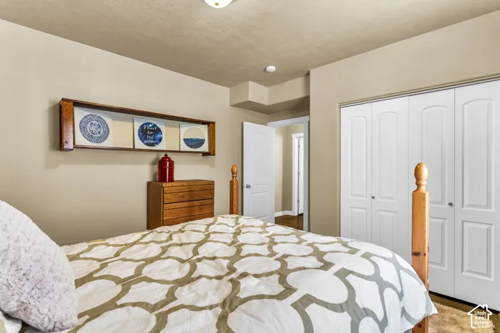 Built-in wooden shelving, light beige wall paint, white bi-fold closet doors, and light wood-finish flooring