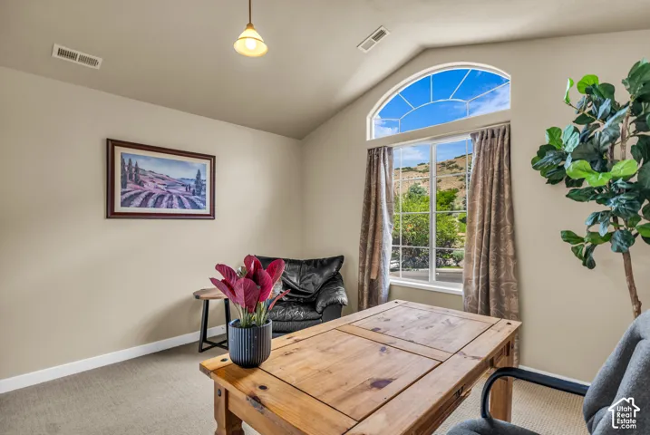 Vaulted ceiling with an arched transom window, beige carpeting, and neutral wall tones