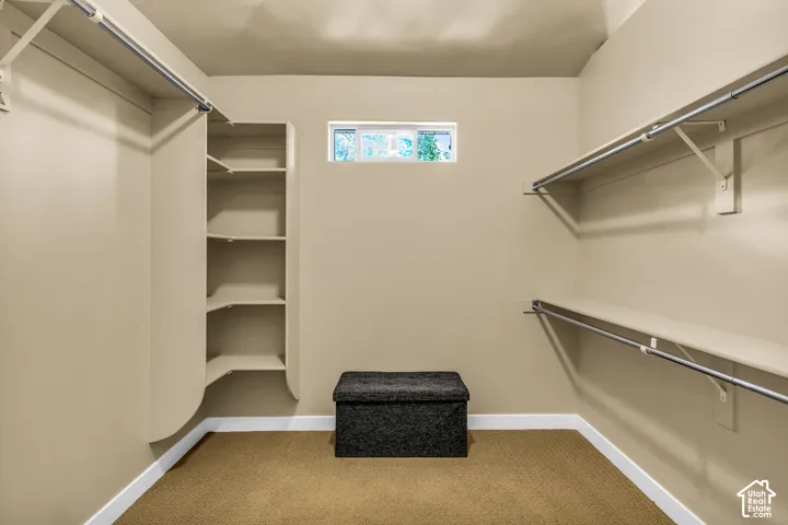 Expansive walk-in closet featuring built-in shelving, multiple hanging rods, and a high-set window