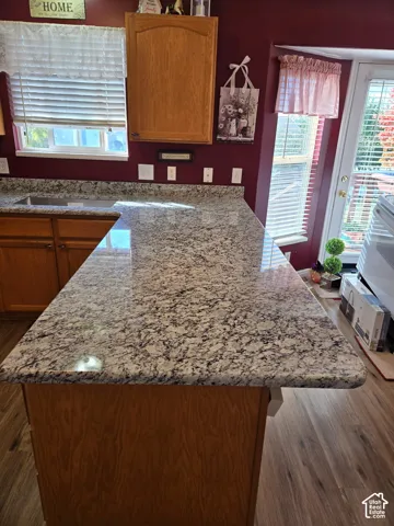 Kitchen featuring stone countertops, wood-finish cabinetry, wood-finish flooring, and a glass-paneled exterior door