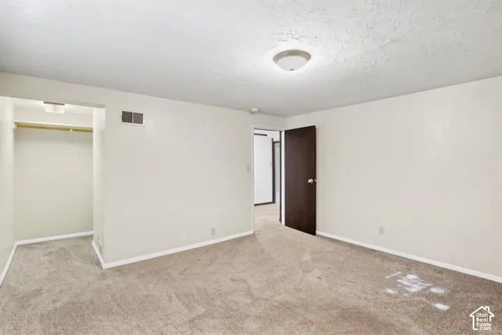 Carpeted flooring, recessed closet, ceiling-mounted light fixture, white walls, dark wood-finish door