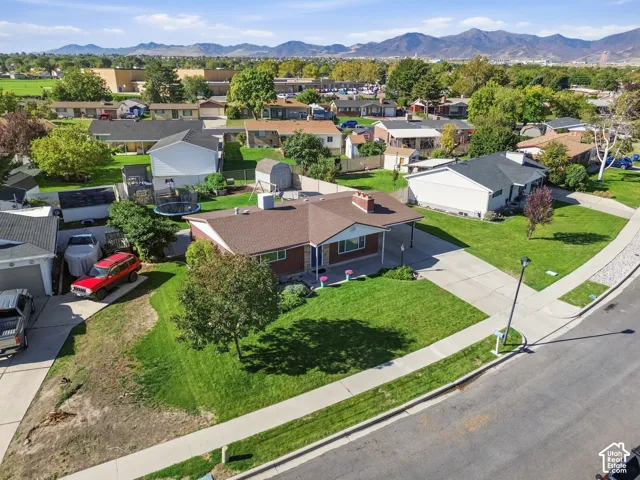 Manicured front lawn, mature trees, concrete driveway, and attached carport