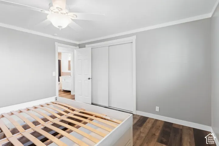 Wood-finish flooring, ceiling fan with integrated lighting, crown molding, and sliding closet doors
