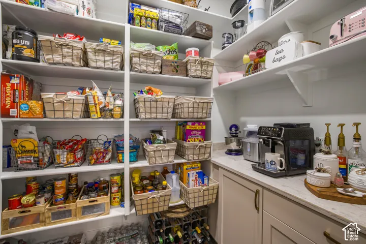 Built-in shelving, integrated countertop, cabinet storage, and dedicated wine storage