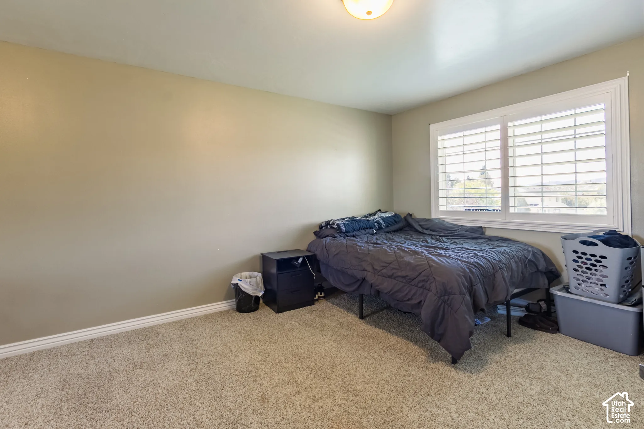 Carpeted flooring, neutral wall tones, window with horizontal blinds, overhead flush mount lighting
