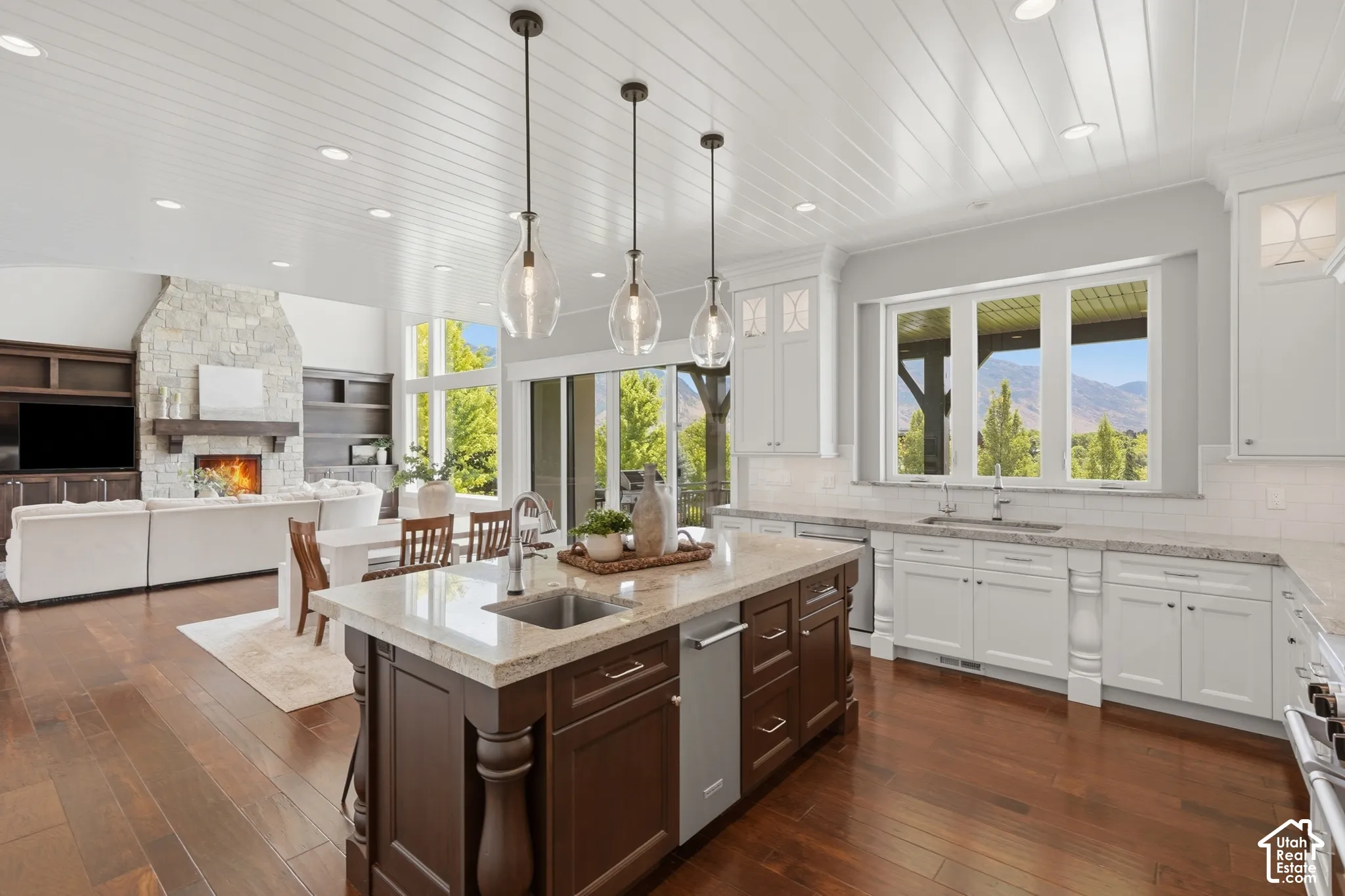 Open-concept living space featuring wood-finish flooring, a stone-faced fireplace, a kitchen island with built-in sink, white shaker cabinetry, and recessed lighting