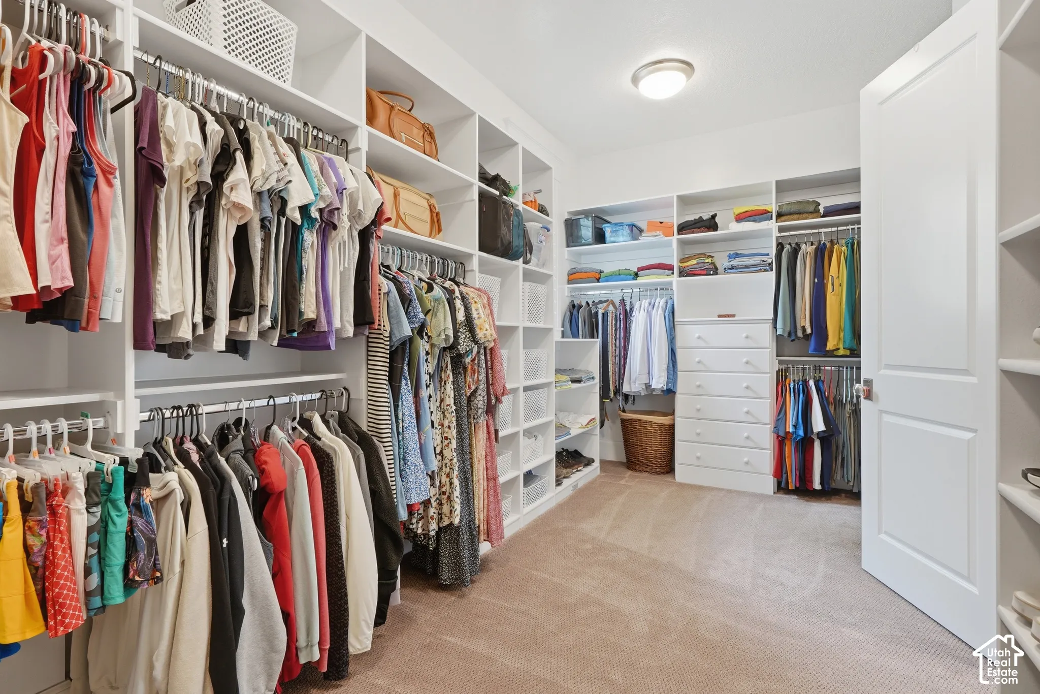 Custom closet system with extensive built-in shelving, multiple hanging rods, integrated drawers, and neutral carpet flooring
