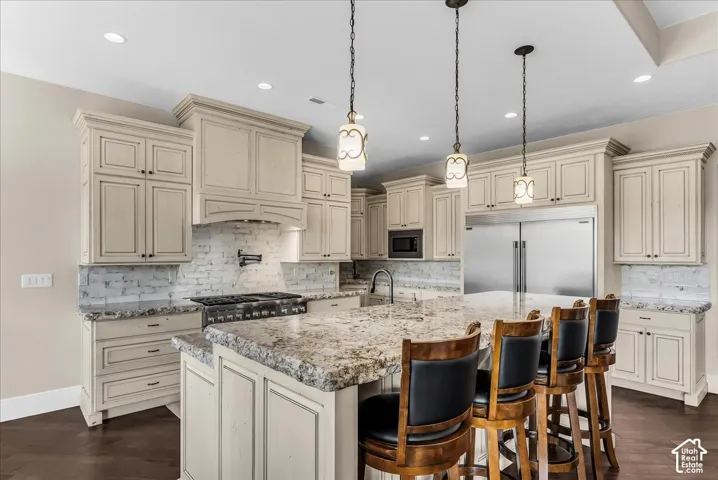 Kitchen featuring light-toned cabinetry, a large island with a stone countertop, stainless steel appliances, and pendant lighting