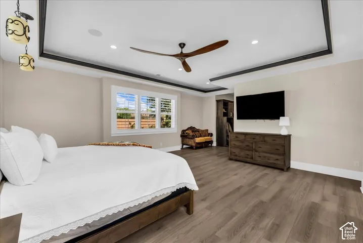 Tray ceiling with perimeter lighting and ceiling fan, wood-finish flooring, and white window shutters